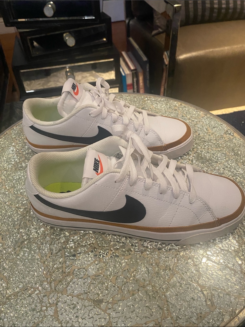 Nike Womens White Sneakers with Black Swoosh and Brown Trim - Picture 2 of 7